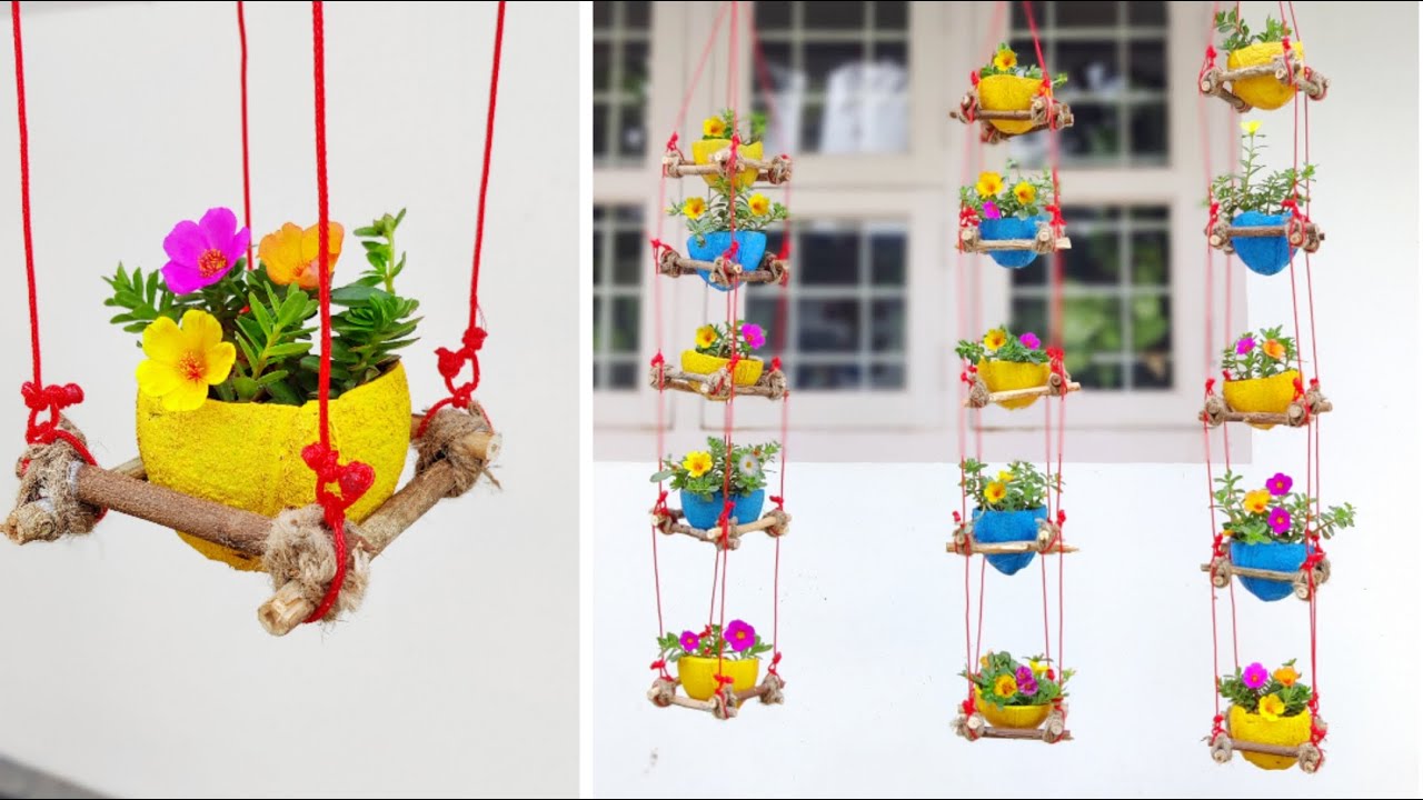 How to make amazing vertical hanging pot using coconut shells | Hanging decoration ideas