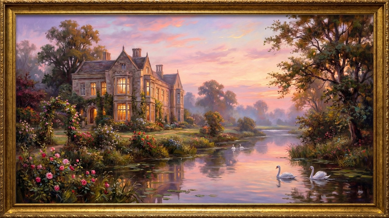Classic English Manor Estate Painting | Gold Frame TV Art | Art Screensaver for TV | 1 Scene   2 Hrs