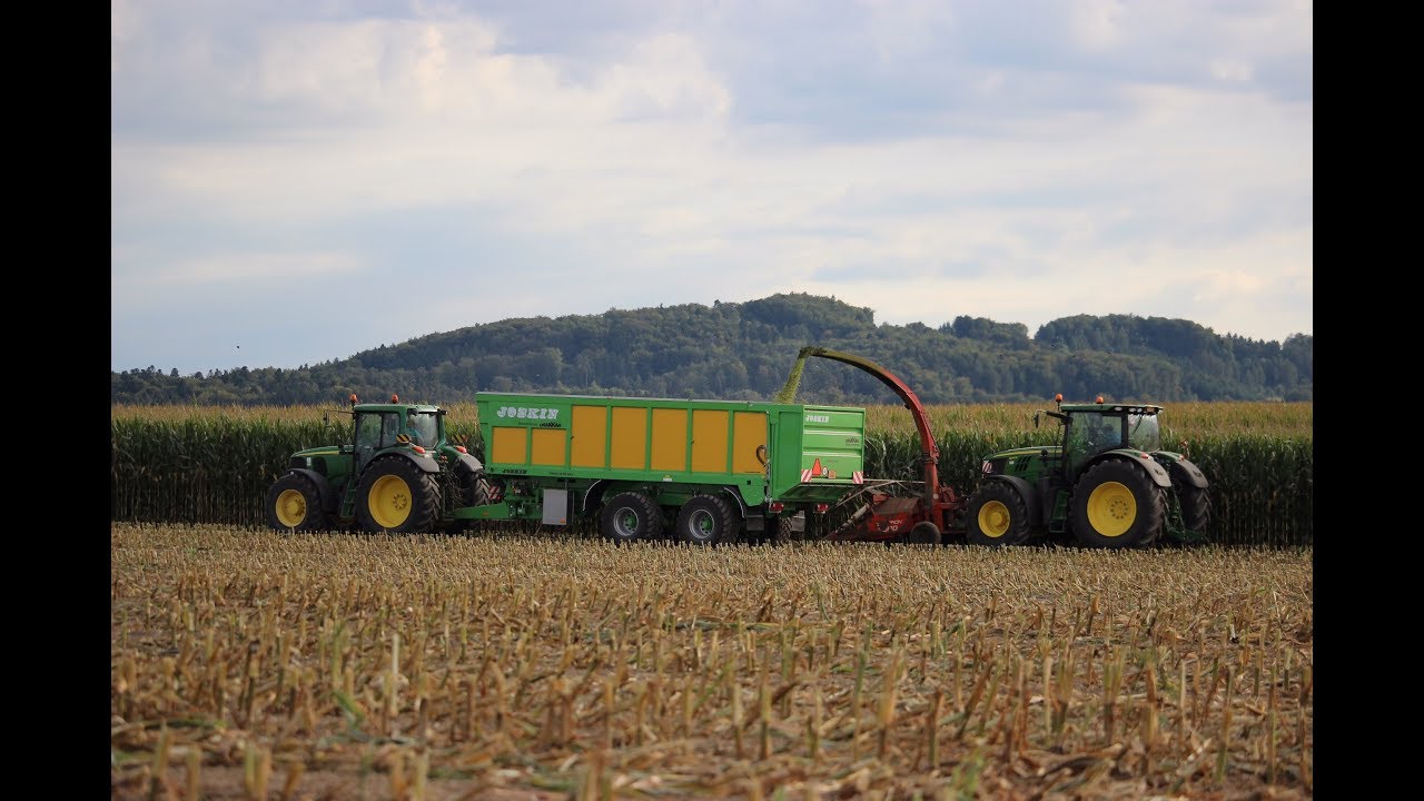 Ensilage maïs 2017 avec John Deere 6210R et cueilleur frontal