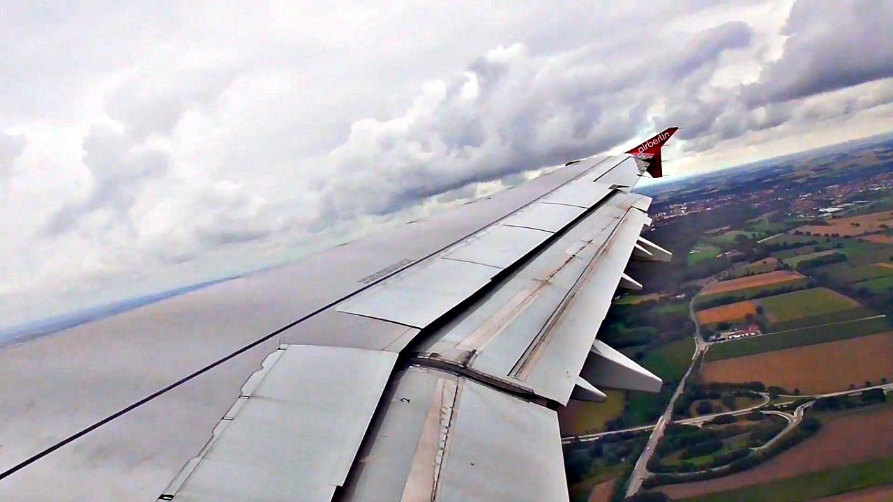 Air Berlin Airbus A321 WING VIEW TAKEOFF from cloudy Munich Airport