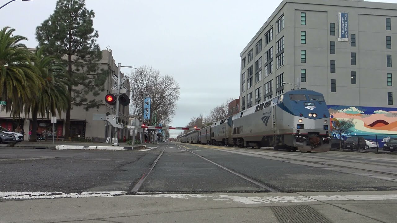 AMTK 171 Leads Amtrak Coast Starlight 11 Webster Street Crossing Jack London Square Oakland, CA