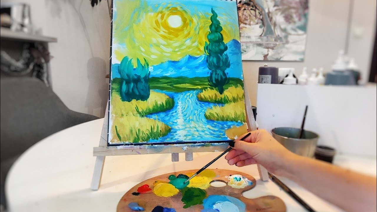 как да нарисуваме пейзаж с акрилни бои / How to paint landscape with acrylic paint