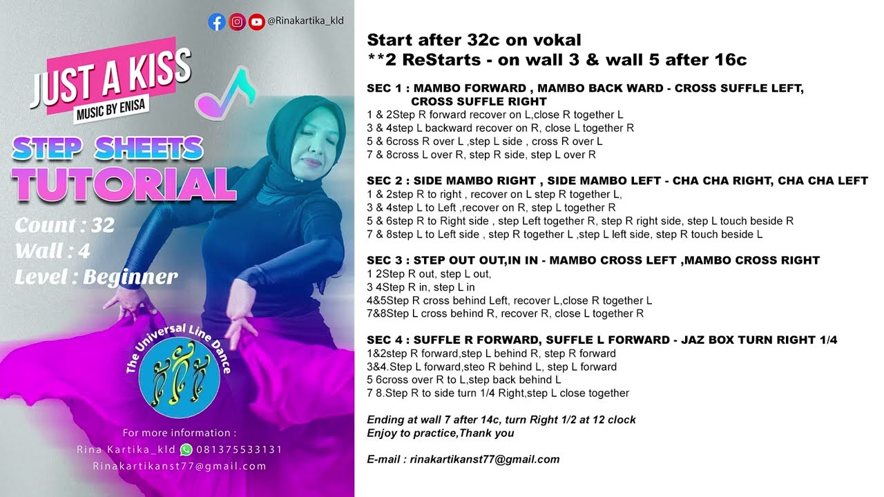 Just a kiss  Line dance -  choreo Rina kartika - video tutorial for  stepsheets