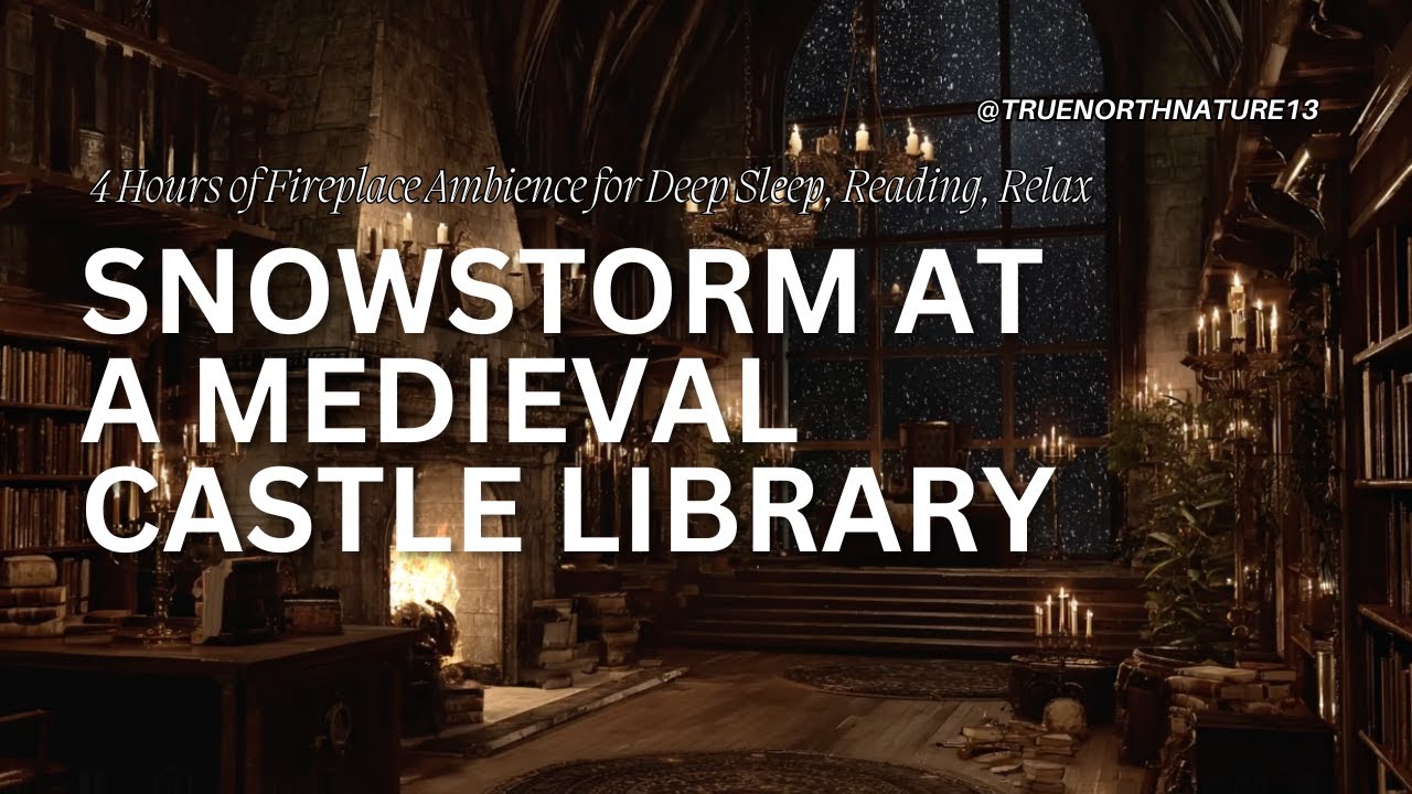 Medieval Library Ambience 📚 Snowstorm Outside, Crackling Fireplace Ambience for Deep Sleep (4 Hours)