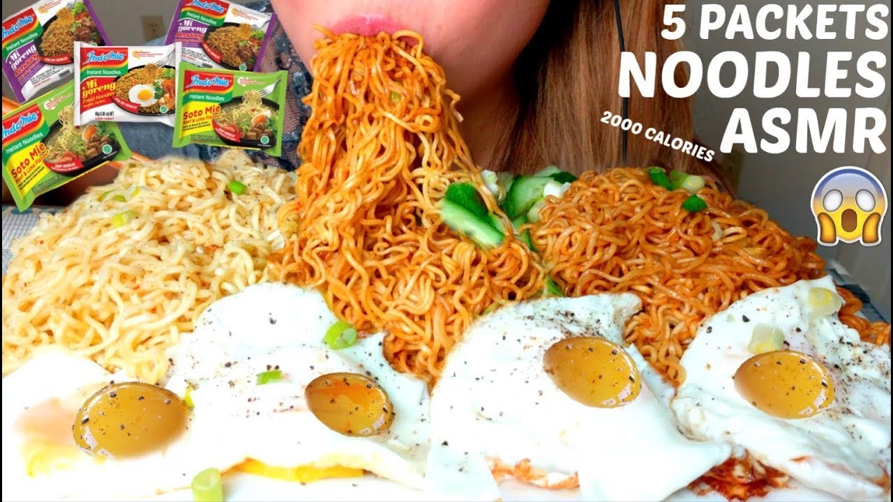 *Big Bites* ASMR 5 Packs Indomie Goreng 🍜 Noodles Challenge 먹방 Rendang, Beef & Lime *No Talking*