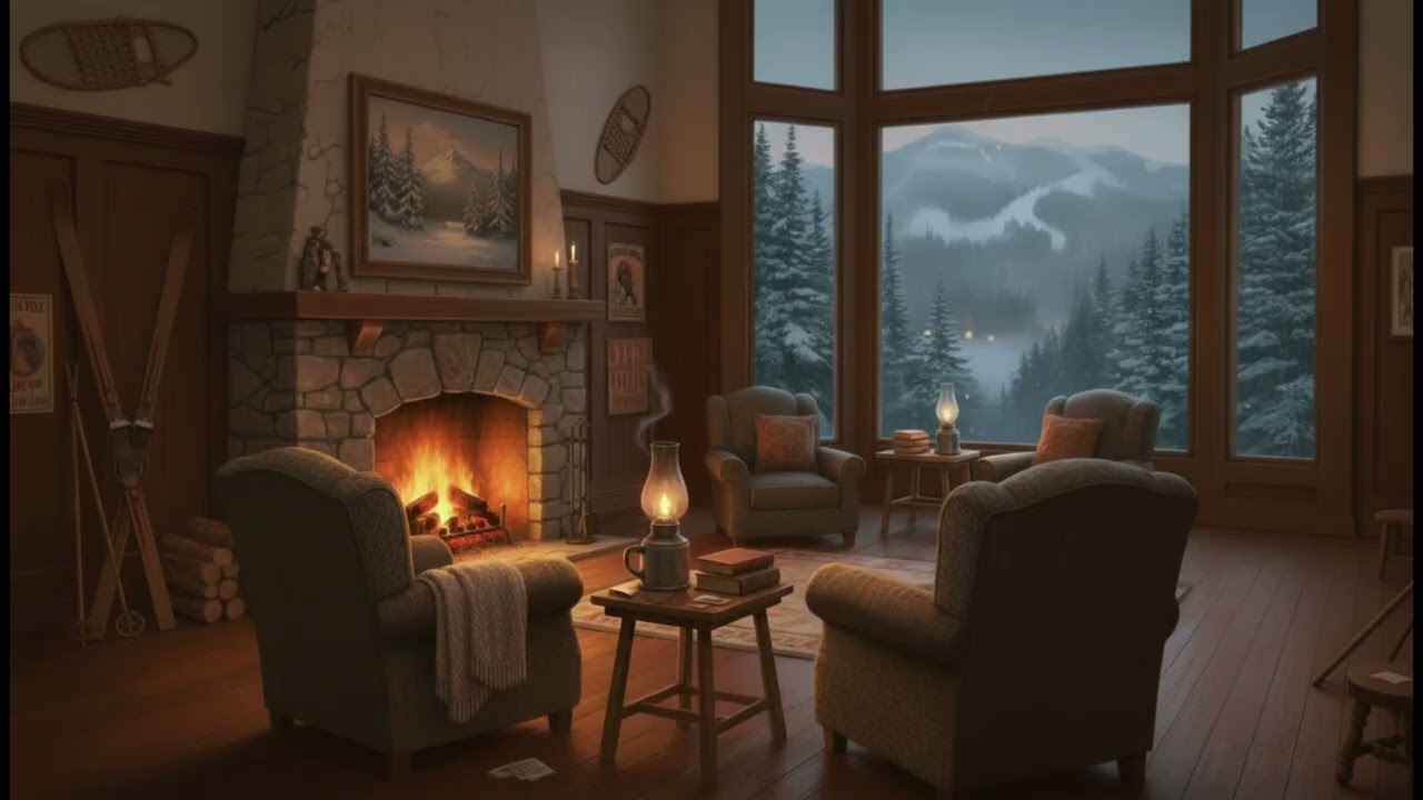 1930s winter jazz playing in another room in a wooden mansion