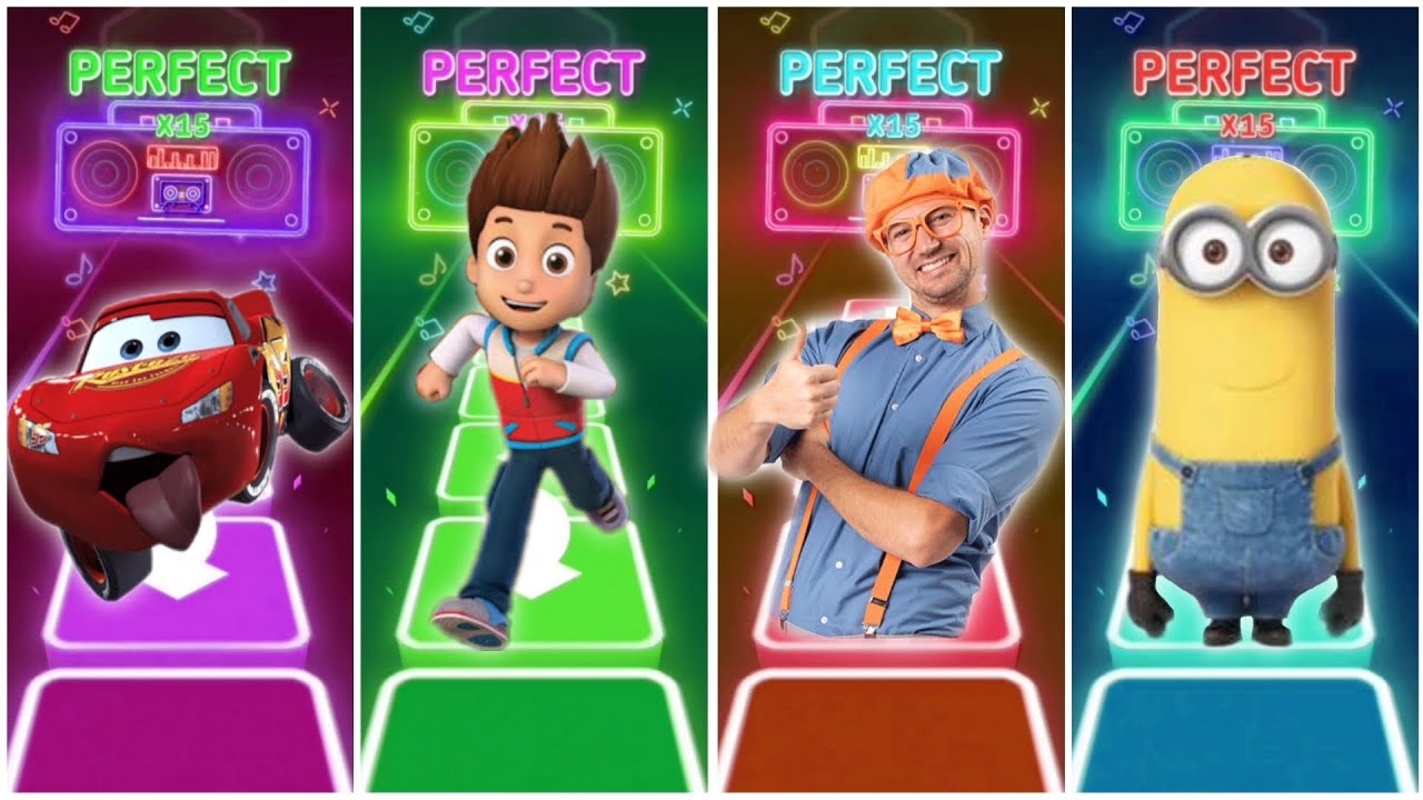 McQueen vs Ryder vs Blippi vs Minions in Tiles Hop Game play EDM Rush Game play🎶