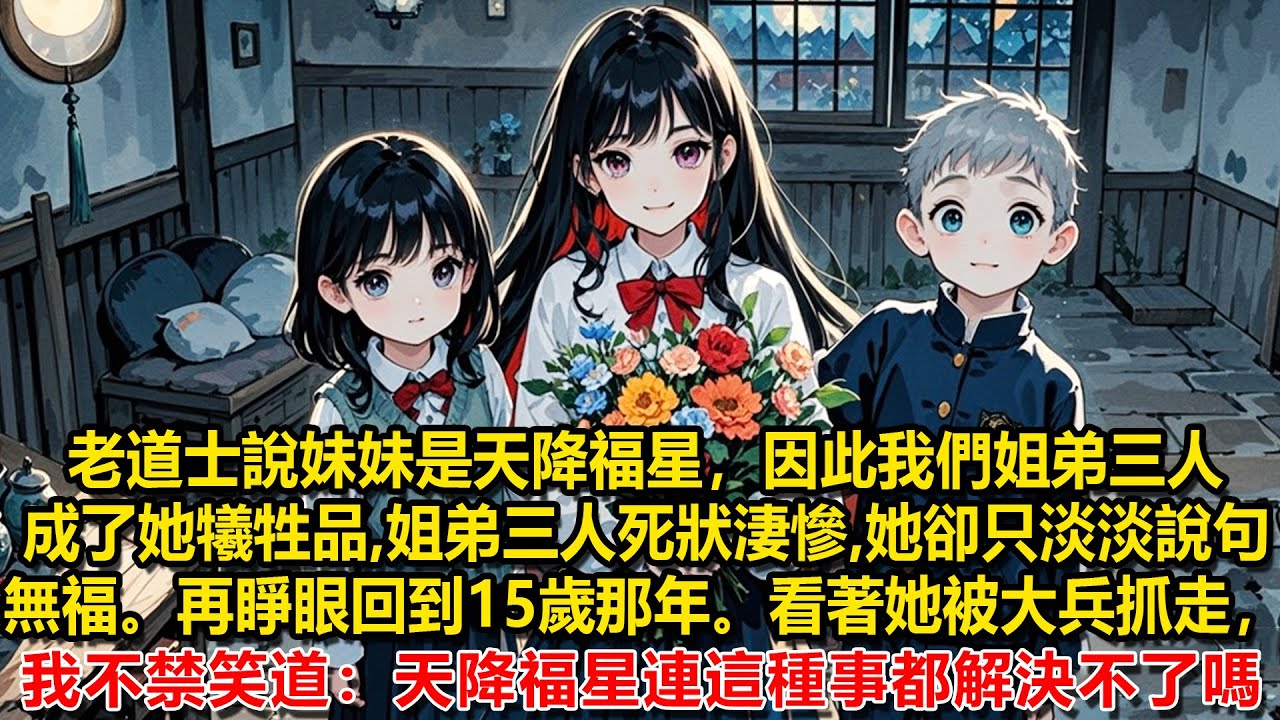 老道士說妹妹是天降福星，因此我們姐弟三人成了犧牲品。而家裏為她湊學費竟把我送去配冥婚。姐弟三人死狀淒慘，她卻淡淡說句無福。再睜眼回到15歲那年看著她被大兵抓走，我不禁笑道：天降福星連這種事都解決不了嗎