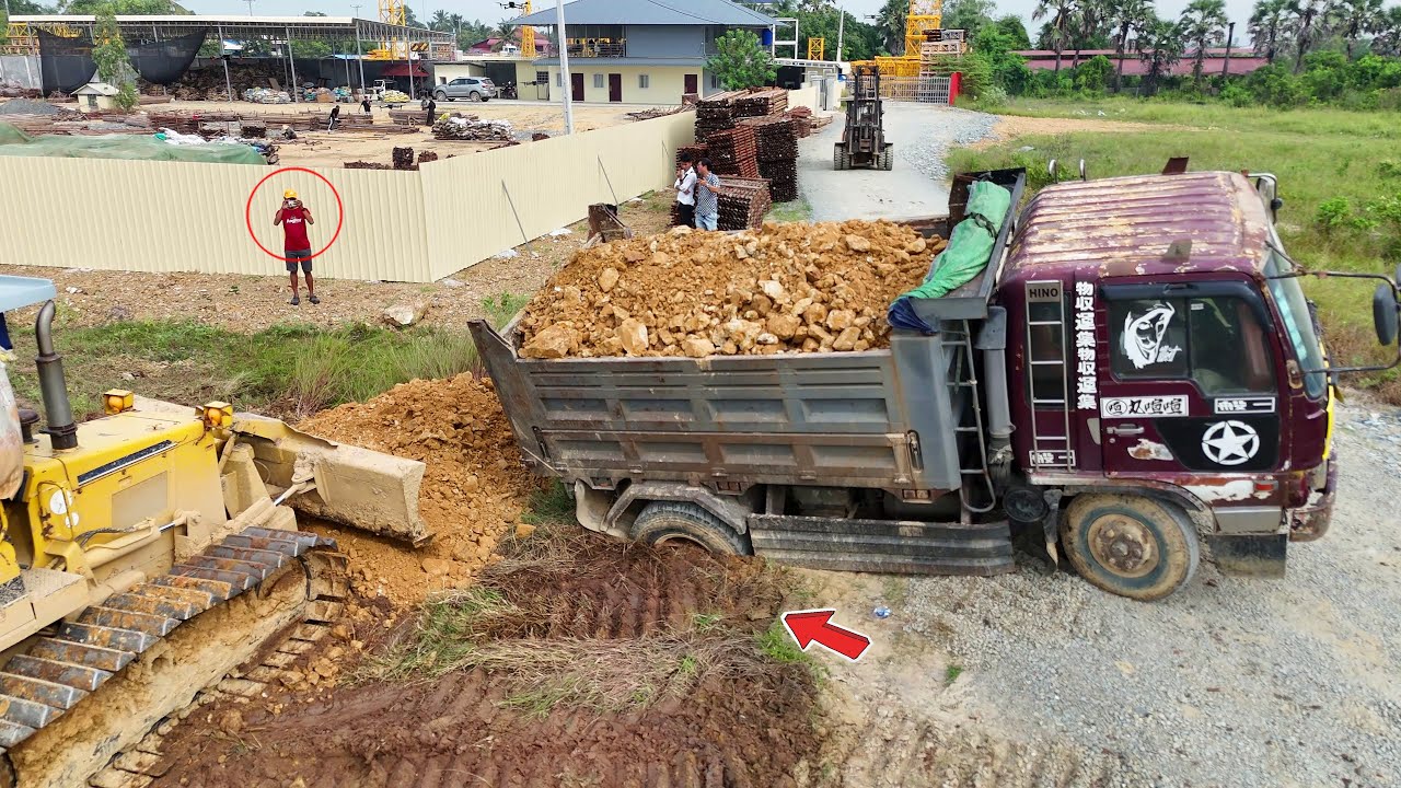 Amazing Start New Landfill! Dump Truck Back Uploading Stuck, Bulldozer D31P Push Soil, Mix VDO