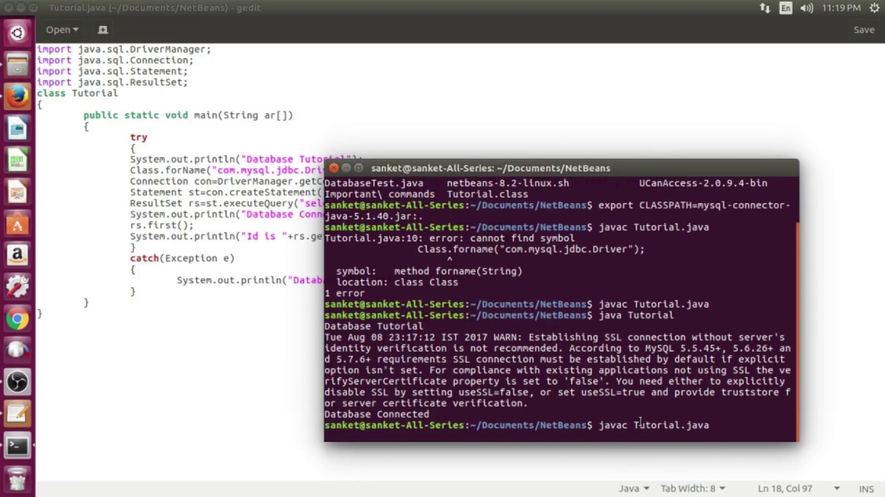 Linux JDBC Tutorial | Using Java , MySql And J-Connector | Ubuntu Operating System
