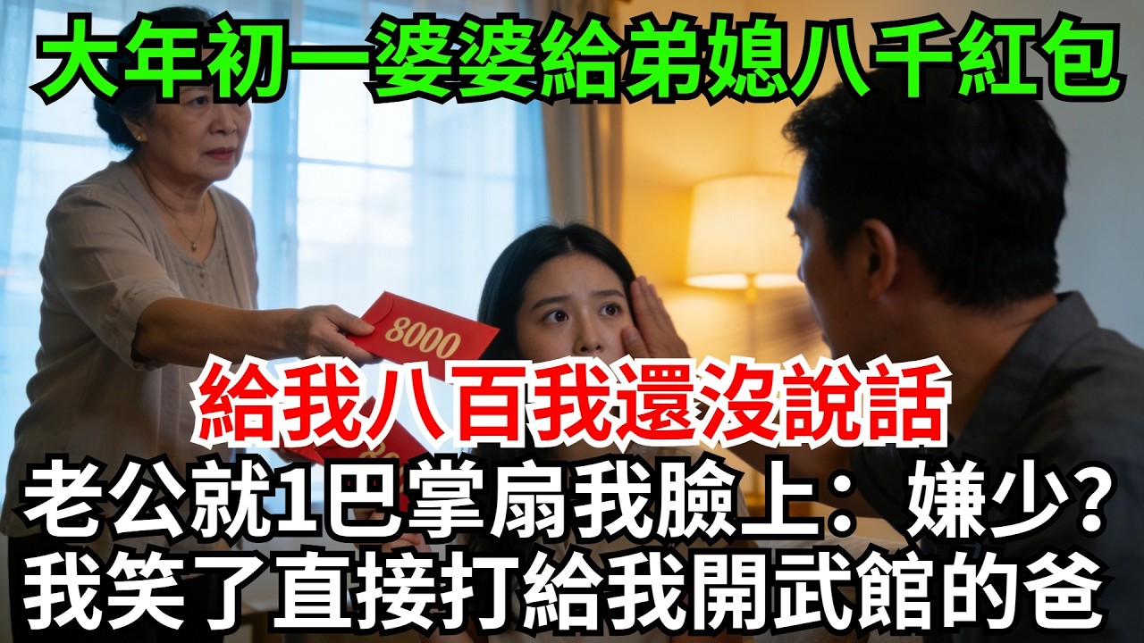大年初一婆婆給弟媳八千紅包，給我八百我還沒說話，老公就一巴掌扇我臉上：嫌少？我笑了直接打給我爸，他們忘了我爸是開武館的!#完結故事#情感故事#爽文#婆媳關系#家庭生活#故事頻道#故事分享#情感