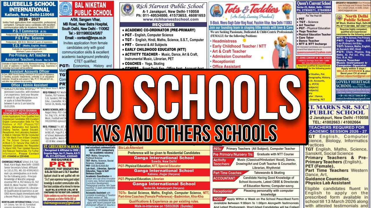 KVS & 20 OTHER REPUTED PRIVATE SCHOOLS TEACHERS RECRUITMENT 2026-27 |ALL SUBJECTS PGT TGT PRT 