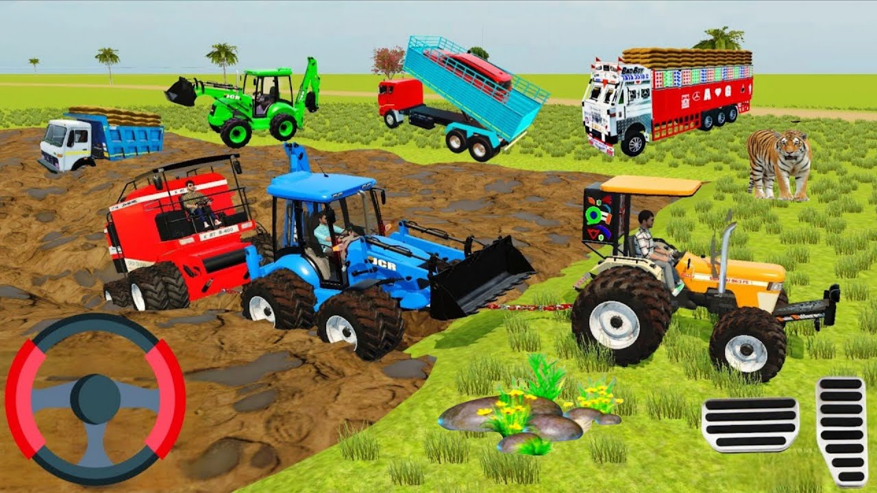 Harvester stuck in mud Tractor and jcb rescue the Harvester #harvestergames 