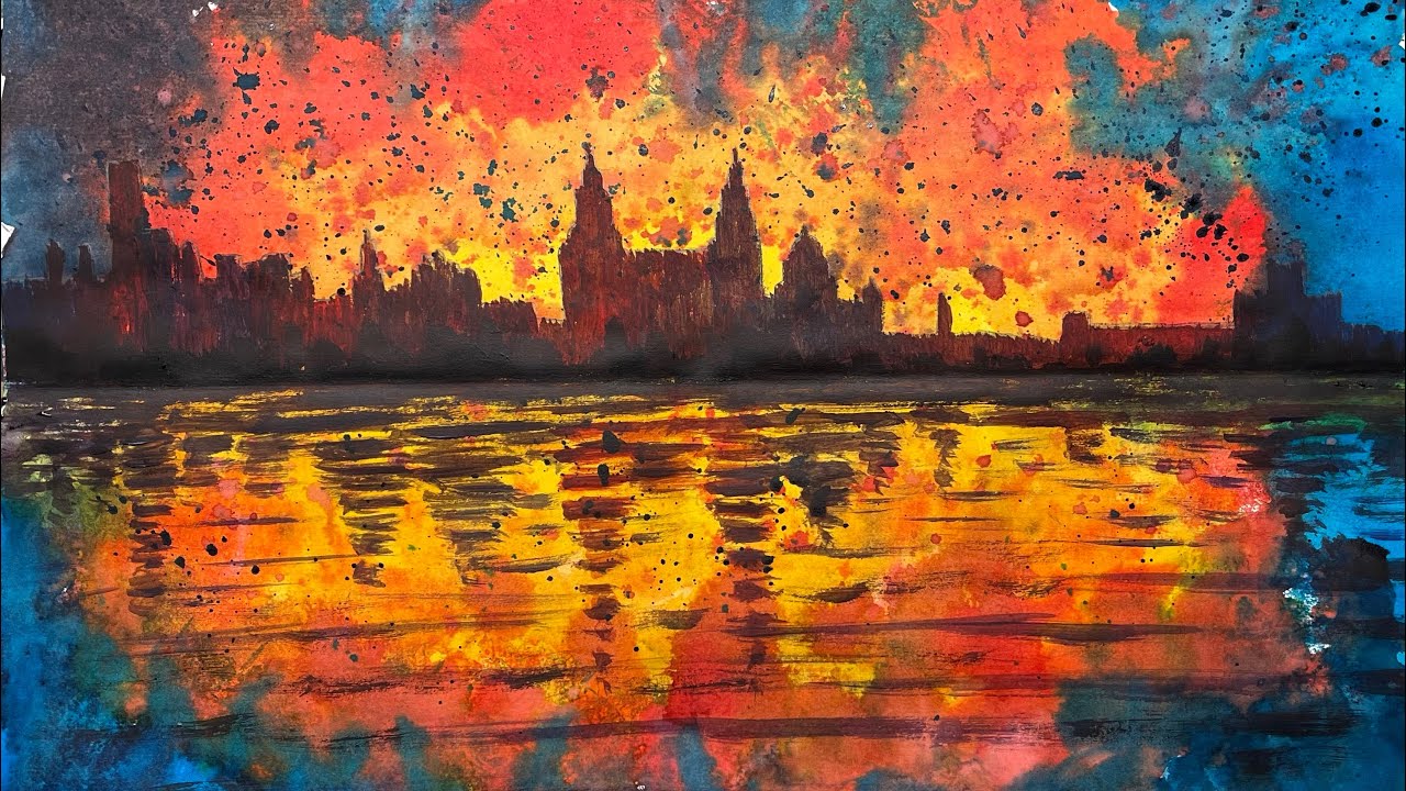 Paint a cityscape with reflections in the water