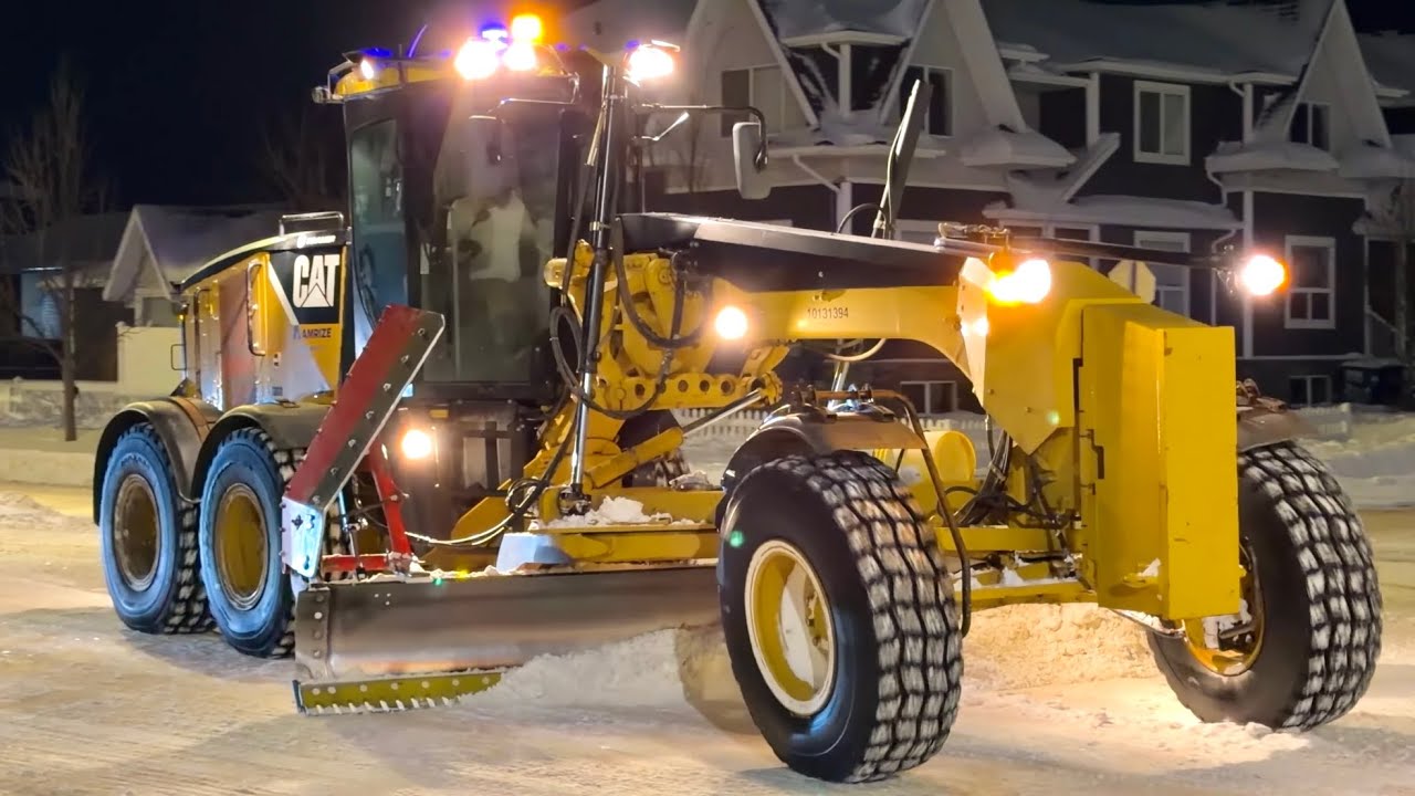 Extreme Up-Close Snow Removal Operation — CAT, Deere and Volvo Graders Clearing Snow For New Years