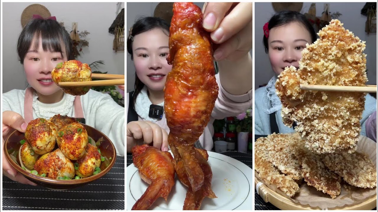 Вкусная острая еда в стиле мукбанг | ASMR: жареные куриные крылышки с острыми яйцами | Вкусная до...