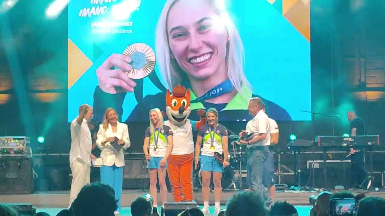 Arrival of Olympics in Ljubljana, Janja Garnbret, Handball team, Andreja Leski.. with Sank Rock