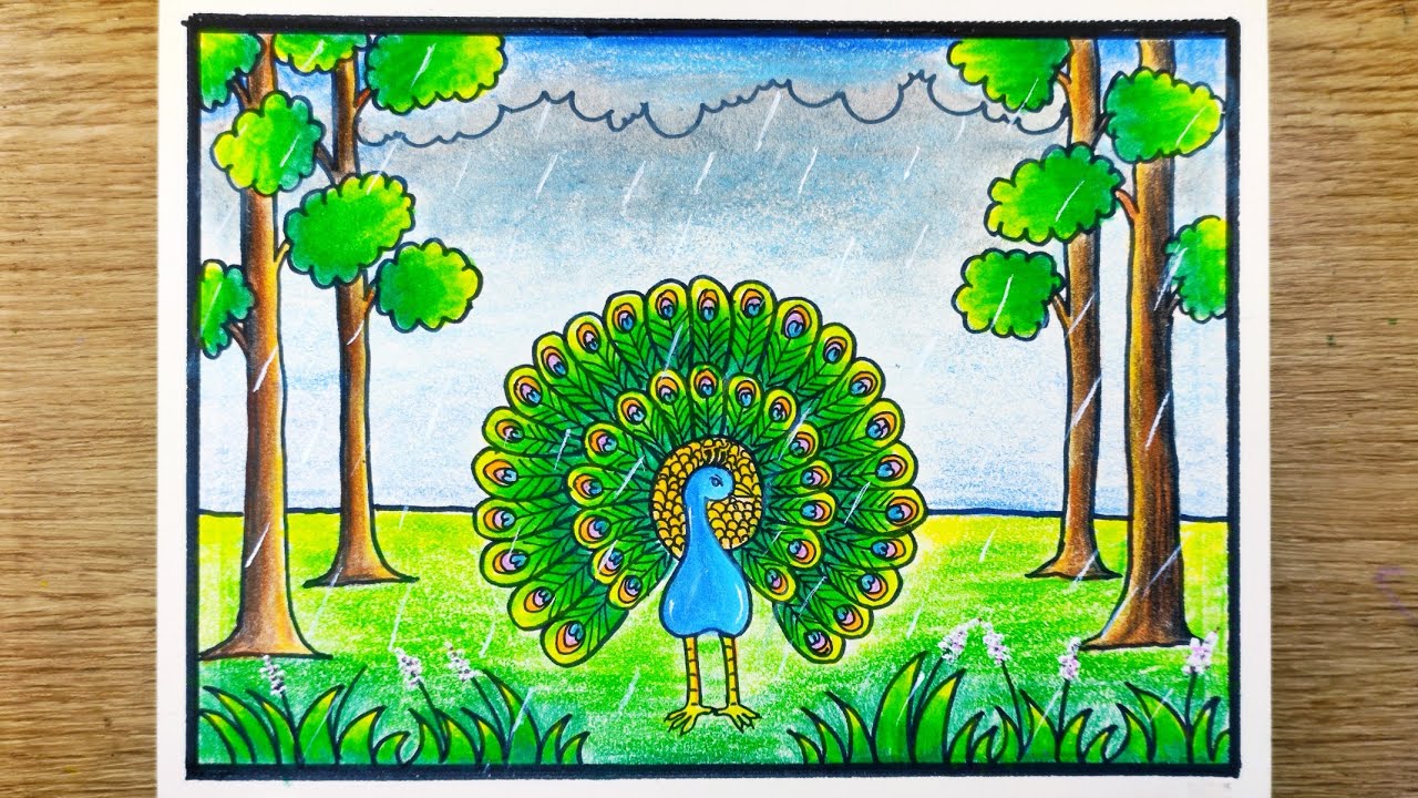 Dancing peacock drawing| Peacock dancing in rain drawing| Easy peacock drawing|Rainy season drawing