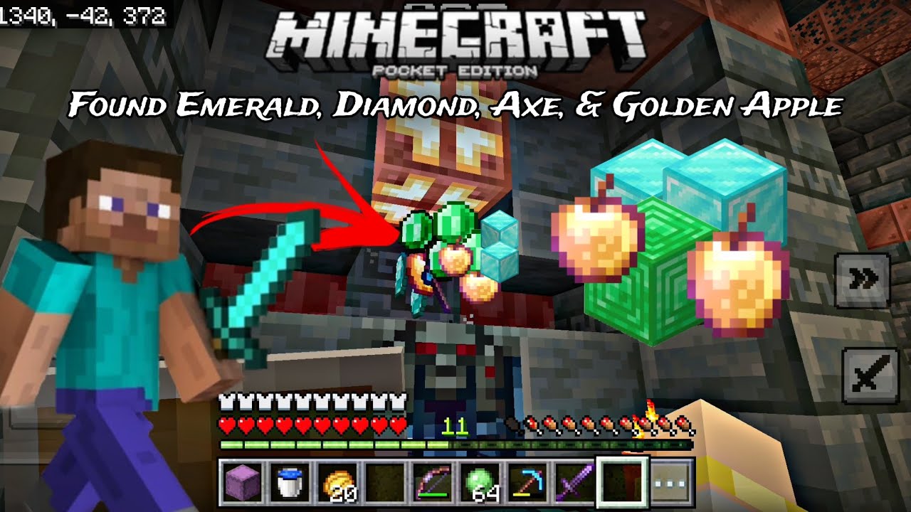 Found Emerald, Diamond, Axe & Golden Apple, Minecraft Survival series Pocket Edition