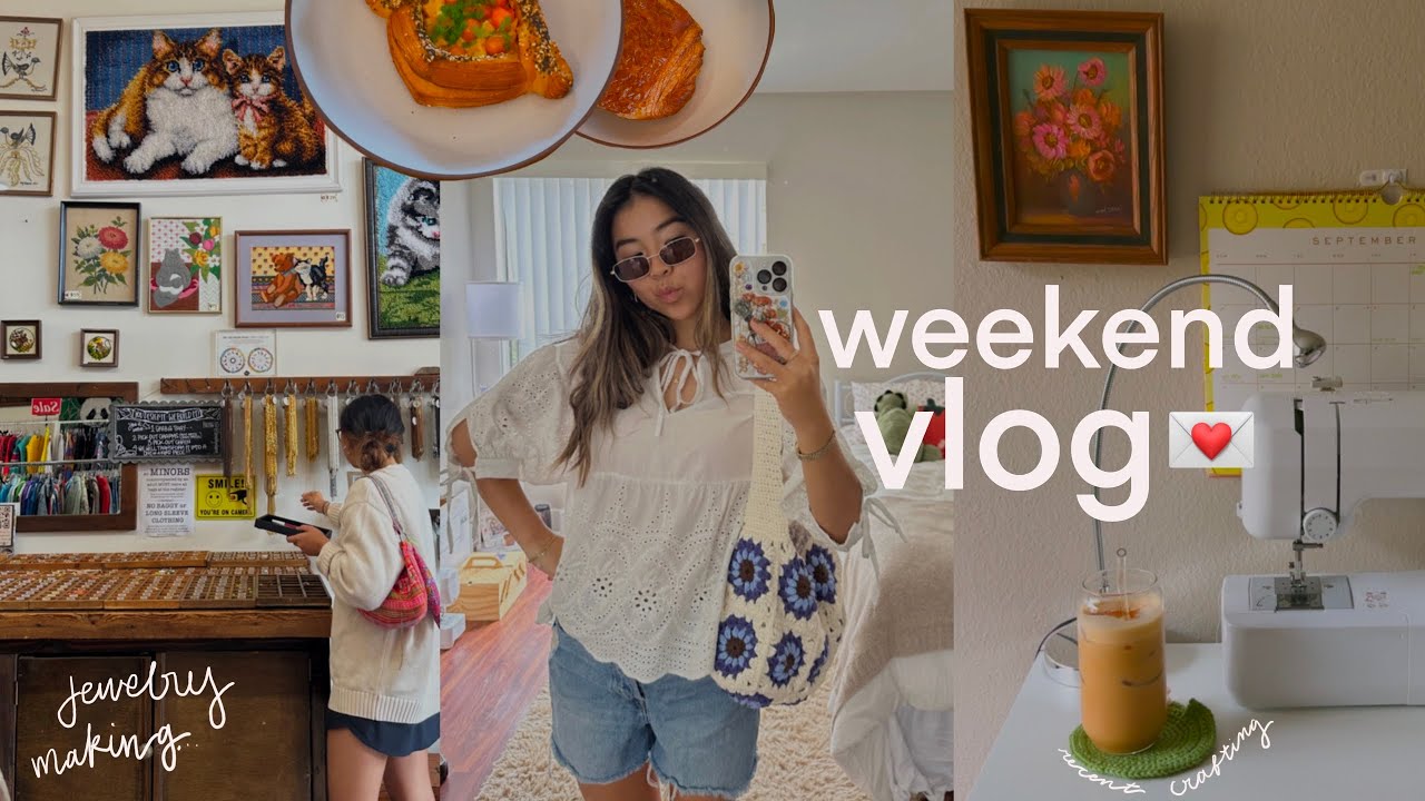 a wholesome college weekend vlog 🥐💌🍯🧶 trendy jewelry making, recent craftings + lots of studying