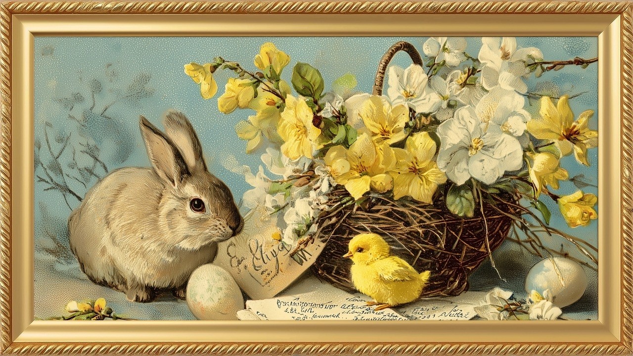 Vintage Easter Bunny Frame TV Art Rabbit Screensaver 4 hours 4k 4hr 1fps
