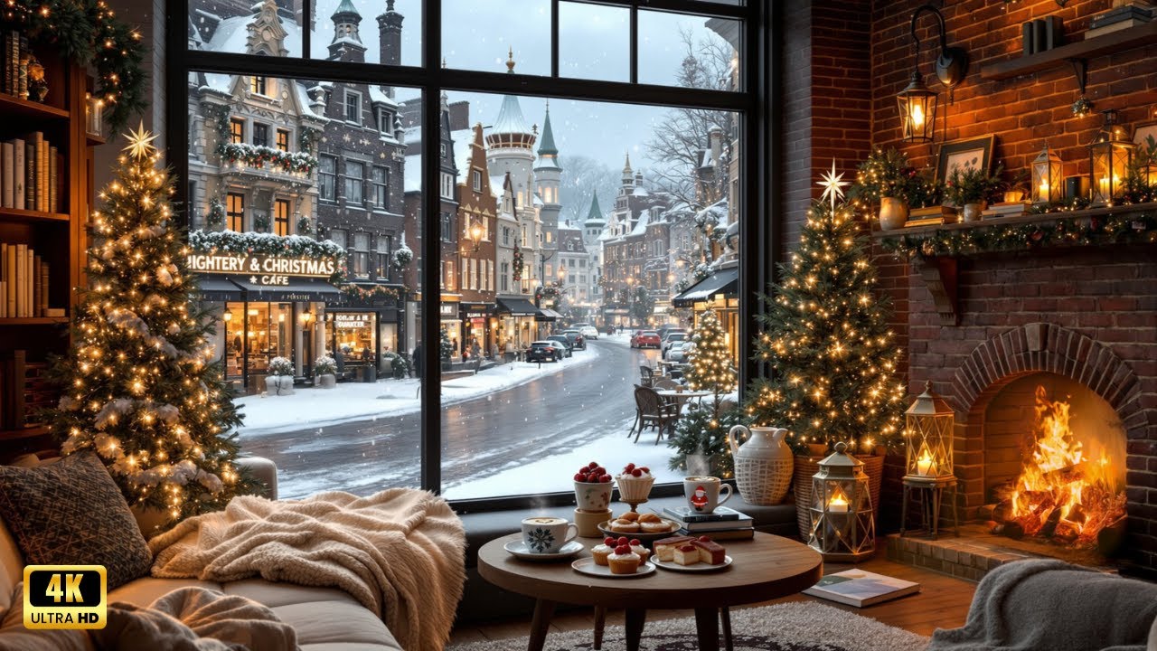 Cozy Christmas Coffee Shop Ambience 🎄 Fireplace Crackling, Smooth Jazz Music for Holiday Relaxation