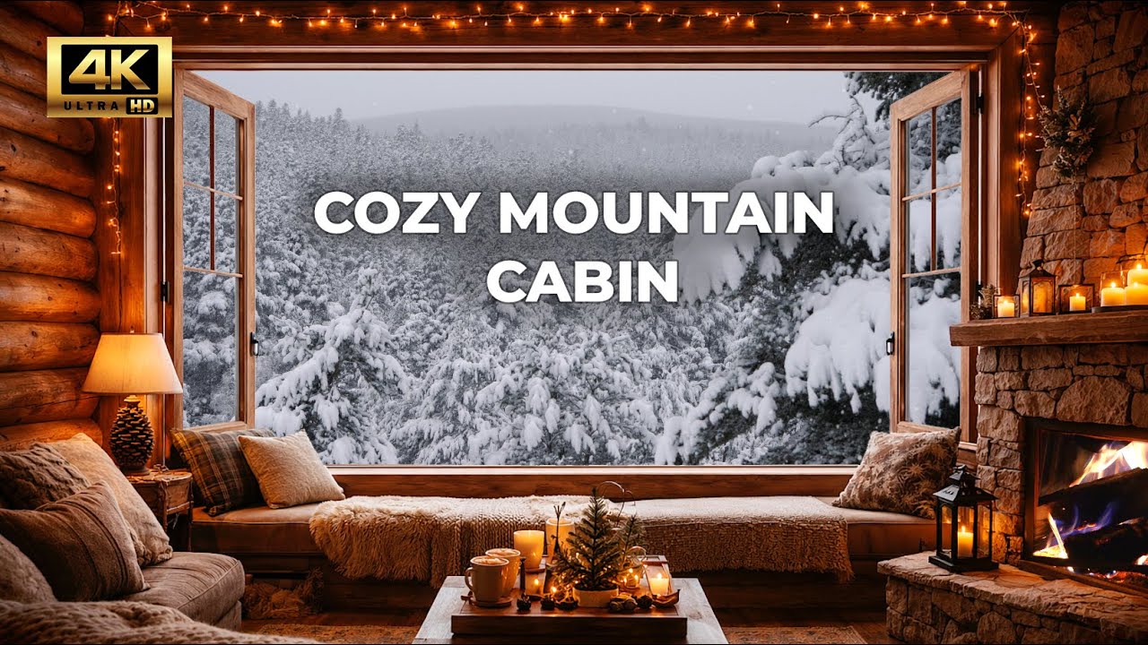 Cozy Mountain Cabin 🔥 Fireplace & Snowfall Window | 4K ASMR for Sleep, Study & Relax (2H)