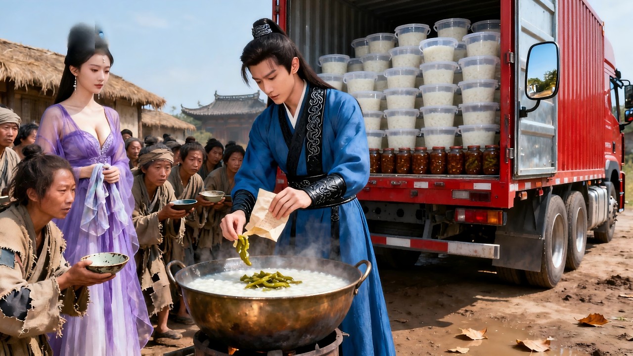 窮小子帶著一卡車白粥和榨菜穿越到古代，拯救難民於水火，皇帝都對他下跪拜服，無數美女排隊求嫁！