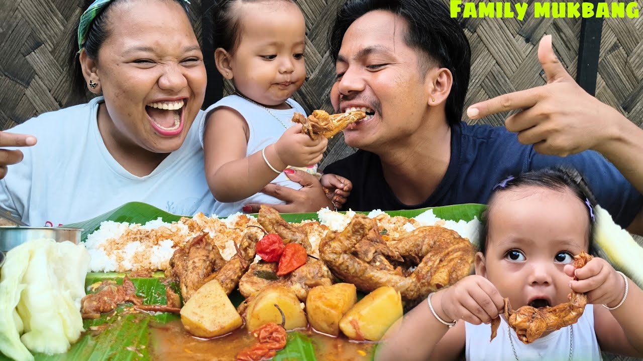 Family mukbang ll eating delicious chicken leg and wings curry with 2king chilli @nagavillagefood 