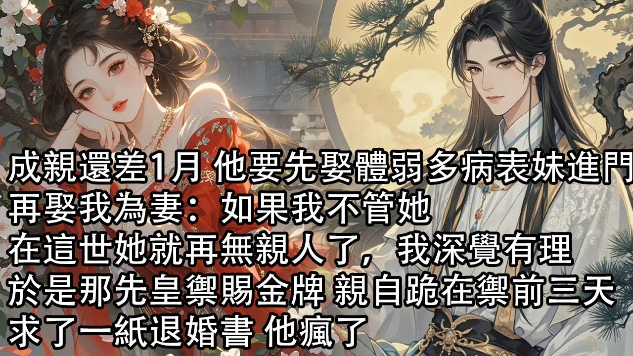 【一口氣看完】成親還差1月 他要先娶體弱多病表妹進門，再娶我為妻：如果我不管她，在這世她就再無親人了，我深覺有理，於是那先皇禦賜金牌 親自跪在禦前三天，求了一紙退婚書 他瘋了