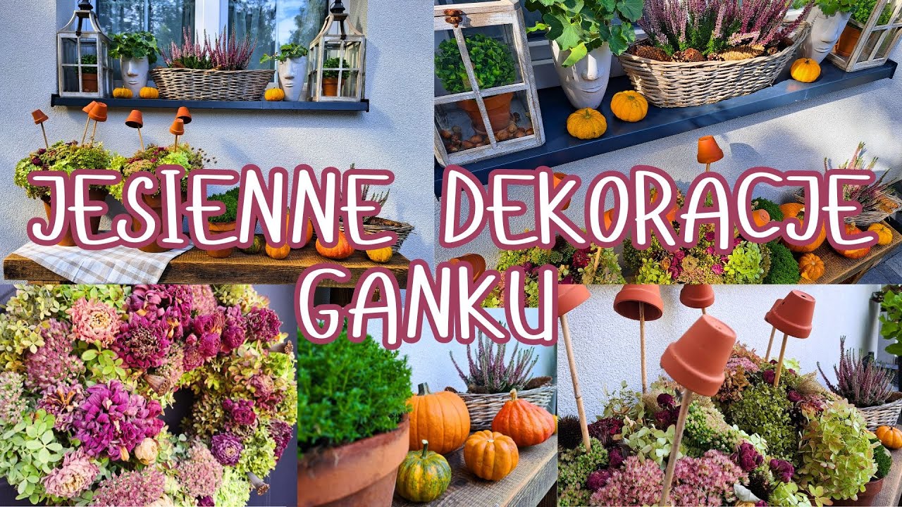 JESIENNE DEKORACJE GANKU. PROSTE I TANIE DIY. KOMPOZYCJE W DONICACH. JESIENNY WIANEK NA DRZWI.