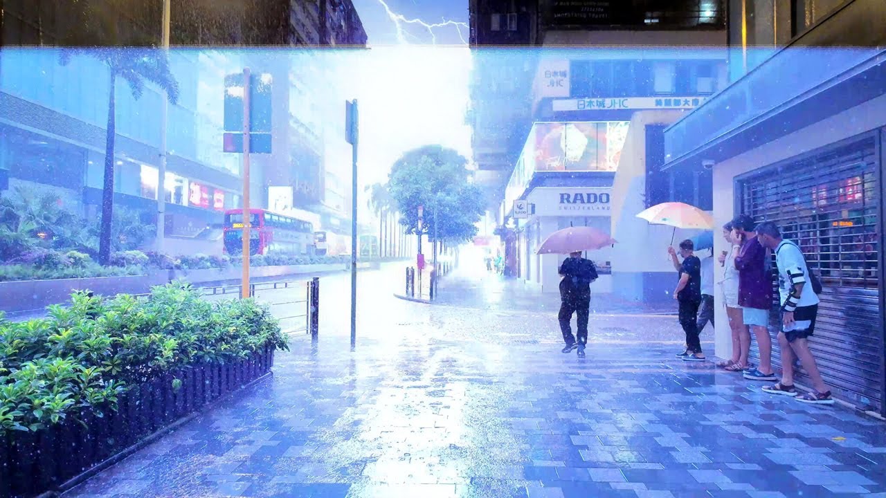 Walking in Heavy Thunderstorm in Hong Kong - Relaxing Umbrella Rain Sounds, 4K City Ambience