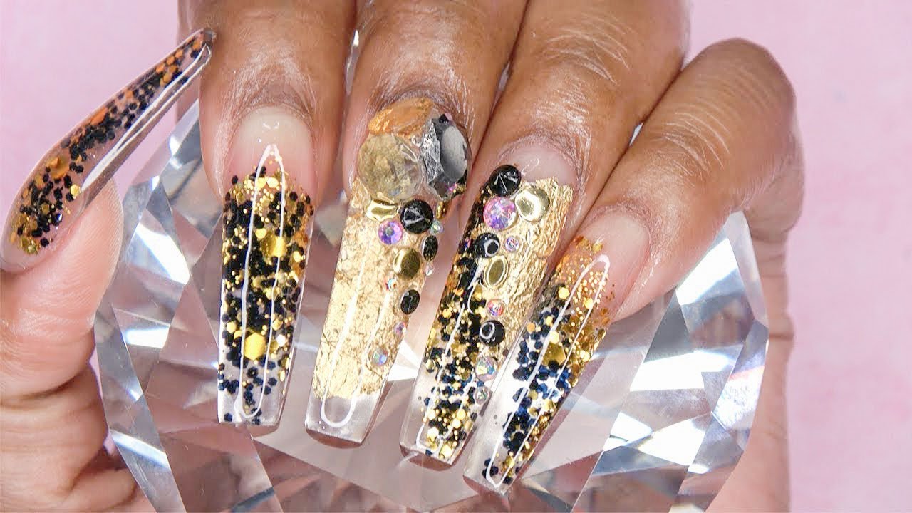 Acrylic Nails Tutorial - How To Encapsulated Nails with Nail Forms Black and Gold Glitter