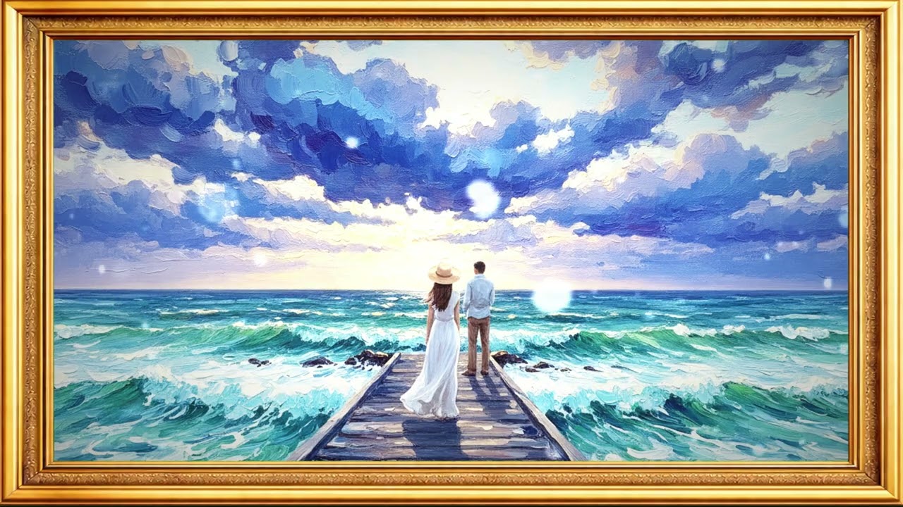 Couple Watching Ocean Sunset  4K Romantic Seascape Art for TV Frame  Impressionist Love Painting