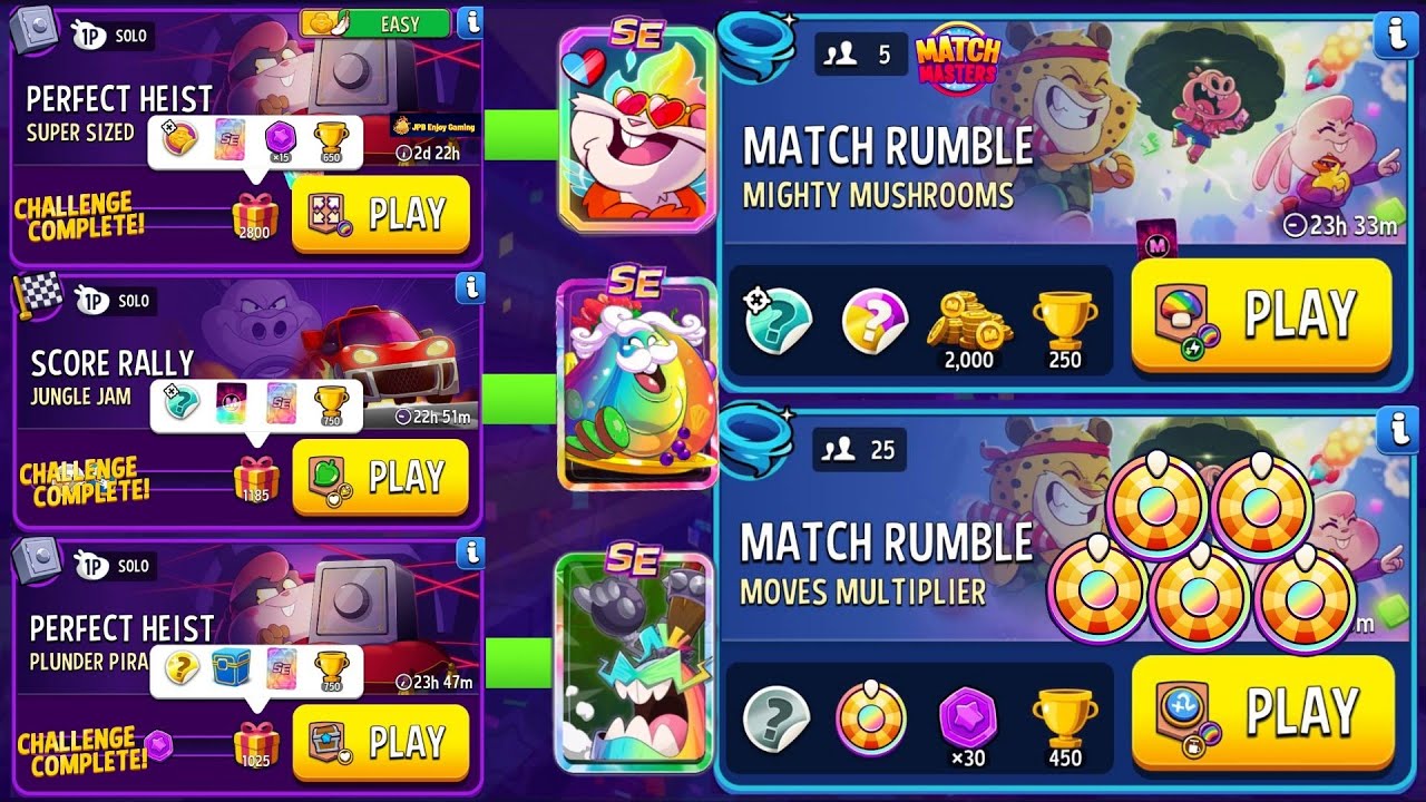 (3 Solo+2 Match Rumble) Super Sized+Rainbow/ Jungle Jam+Yummy Yellow💛/ Plunder Pirates+Vinnie Heart