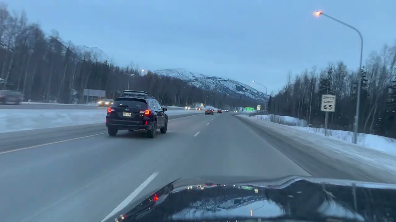 Alaska winter evening Palmer-Anchorage driving: Glenn Hwy, Boniface Blvd, Dr. MLK Jr. Ave, Elmore Rd