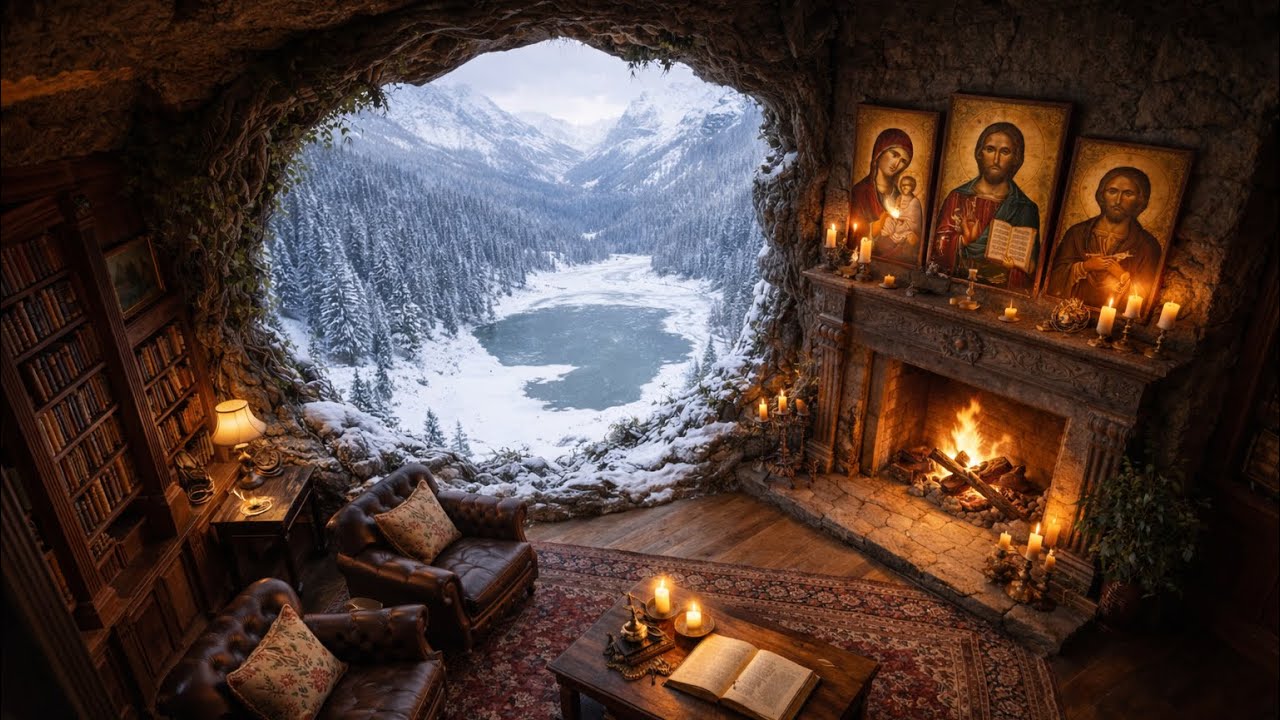 ☦️🛐❄️Cozy Orthodox Cave Ambience | Fireplace & Snowy Mountains | Christian Icons | Prayer & Sleep 