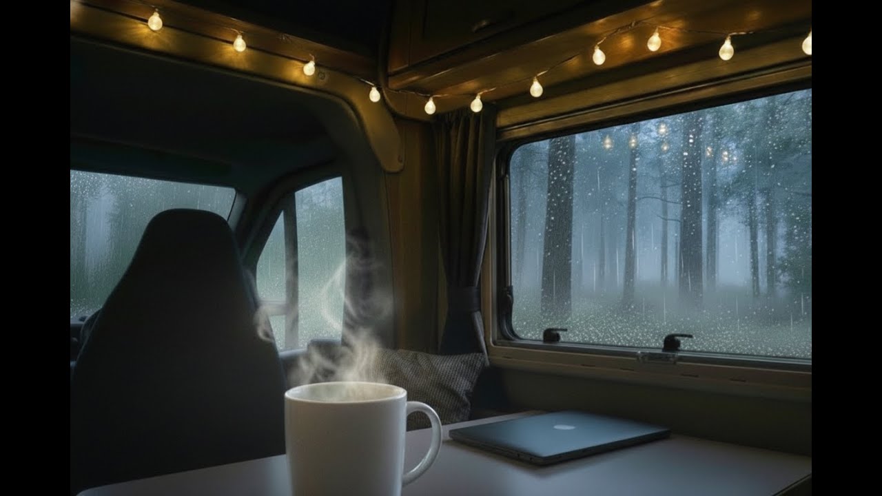 Cozy & Foggy Rainy Night in a Campervan | Forest, Warm Lights, Quiet Vibes | Refreshing