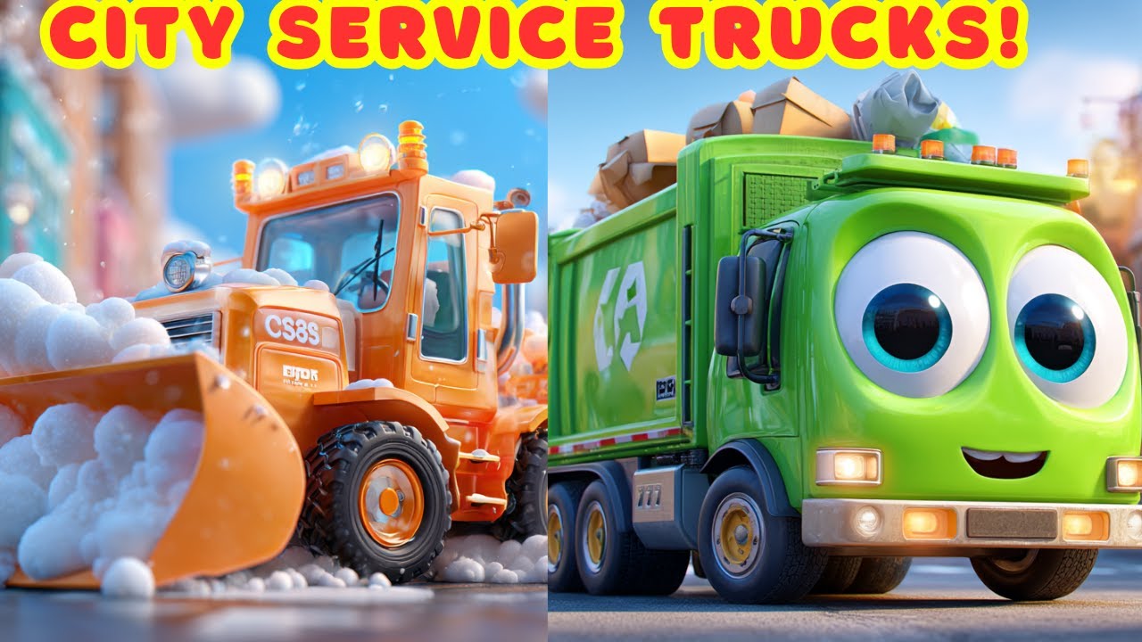 City service trucks for kids! Garbage, sweeper, snow plow, mail & more — crunch, swish, whoosh!