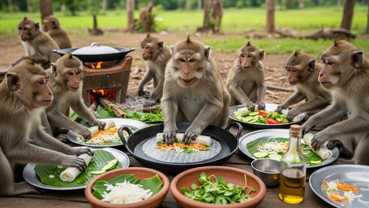 🐒 जंगल में बंदरों ने बनाए राइस पेपर रोल 😱 | Monkey Cooking Video