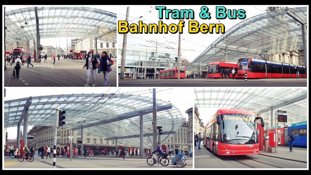 Grosse und schöne Tram und Bus-Haltestelle (Baldachin) beim Bahnhof Bern, Stadt Bern, Schweiz 2021