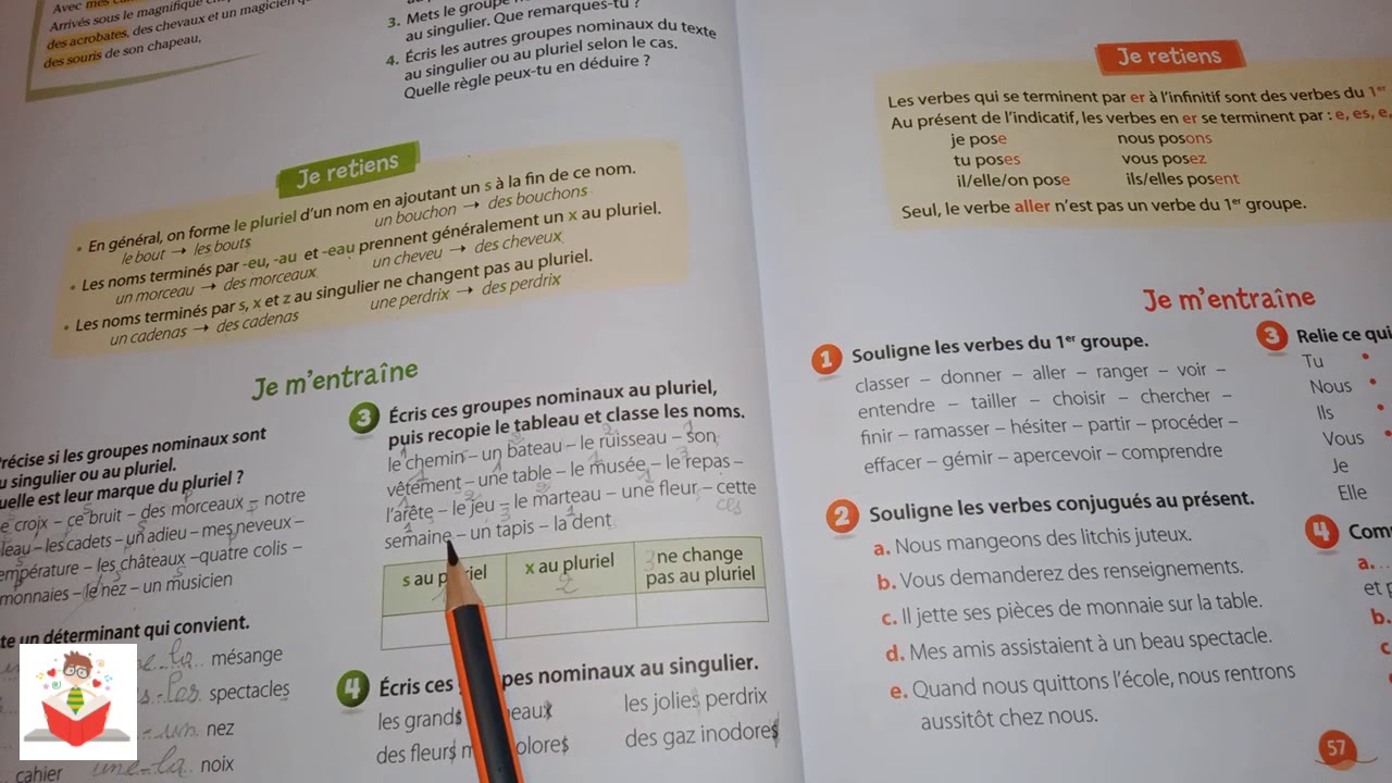 Coquelicot CE2 français ,page 56 et 57 ,singulier et le pluriel ,le présent des verbes du 1er groupe