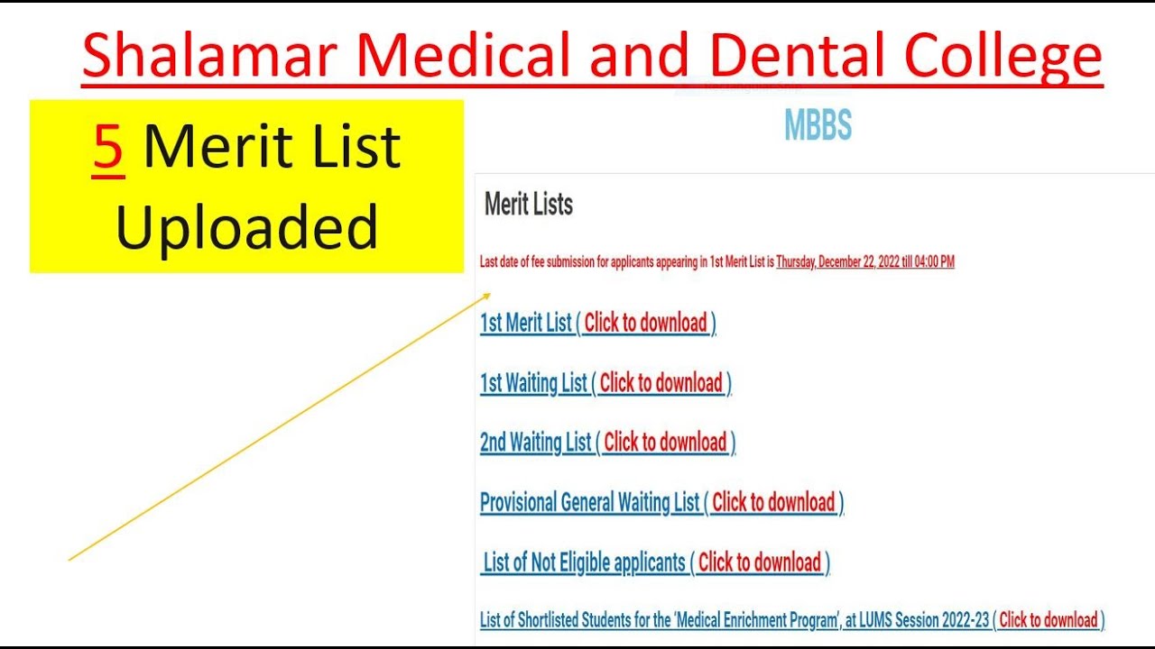MBBS  merit list Shalamar medical college 2022 |  expected merit Shalamar medical college