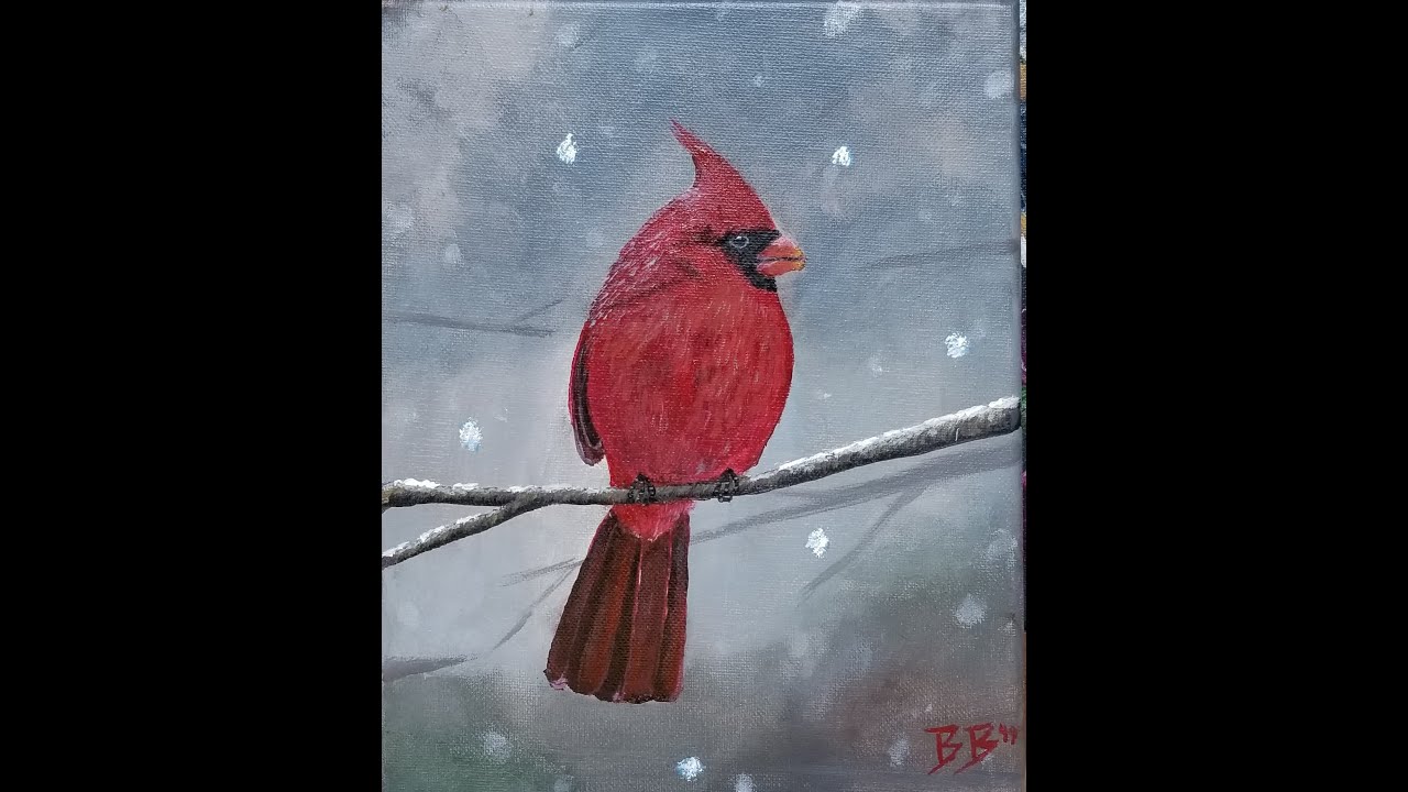 Simple Winter Scene Cardinal Painting Tutorial Full Length  #paintingbirds #cardinals #art