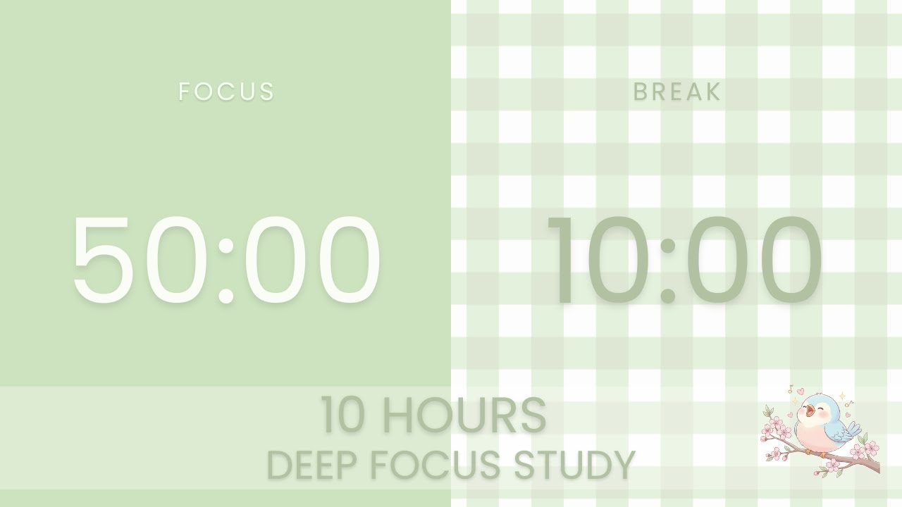 50/10 Pomodoro Timer 🍅 10 Hours Silent 🐦 Bird Chirp Alert