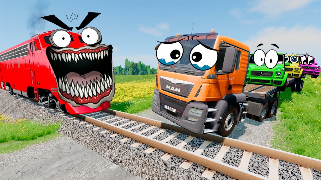 Flatbed Trailer Truck Potholes Transport Car Rescue - Cars vs Deep Water - BeamNG.drive #73