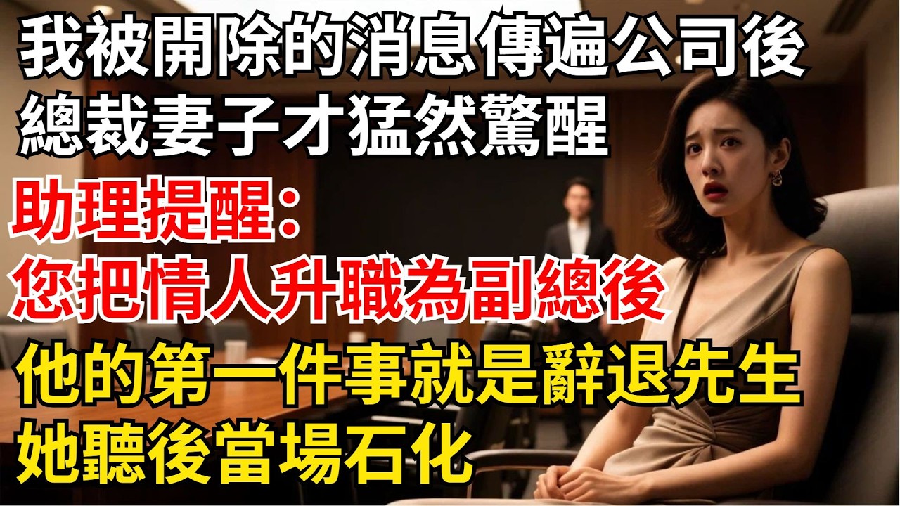 我被開除的消息傳遍公司後，總裁妻子才猛然驚醒，助理提醒：「您把情人升職為副總後，他的第壹件事就是辭退先生！」她聽後當場石化【夜半心聲】#男頻小說#都市#故事#小說#爽文