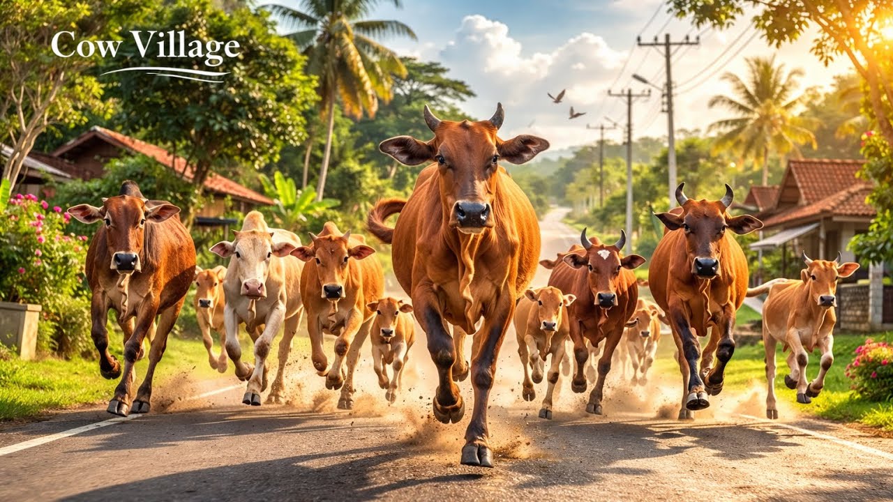 Joyful Herd: Dozens of Cows Walking and Playing Happily in the Rain