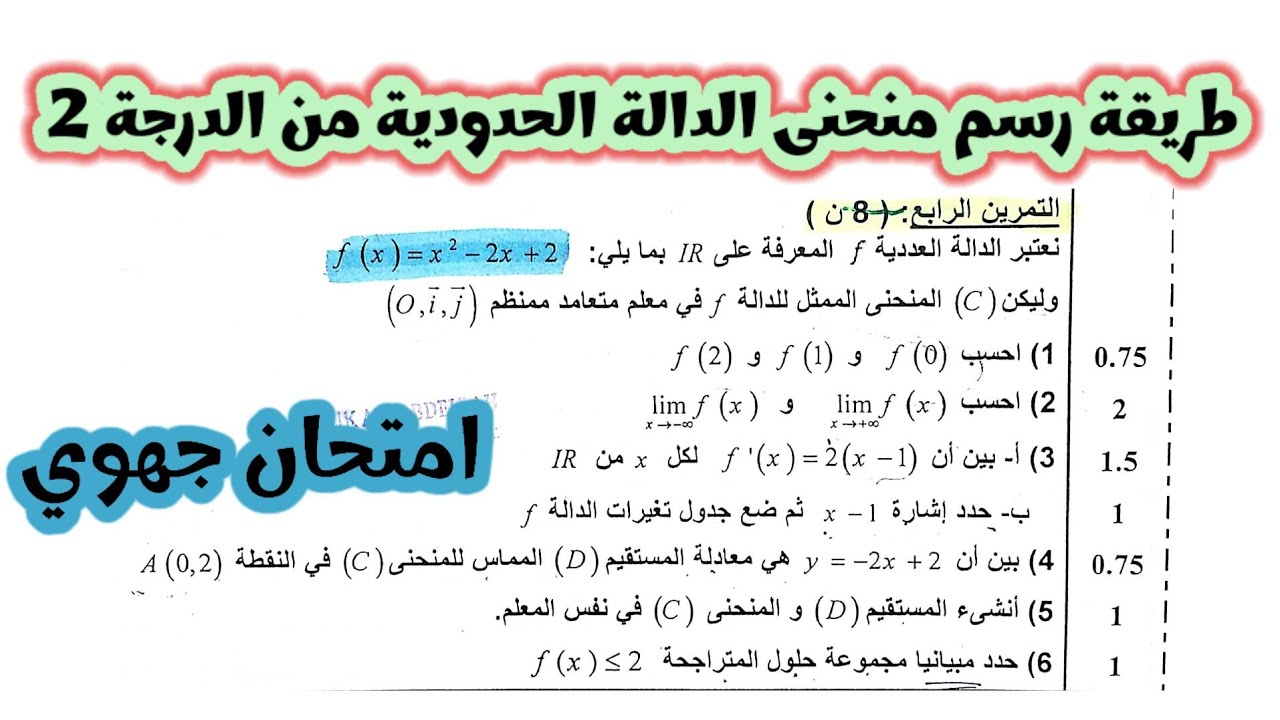تصحيح تمرين رسم المنحنى 🚩 امتحان الجهوي اولى باك اداب وعلوم انسانية
