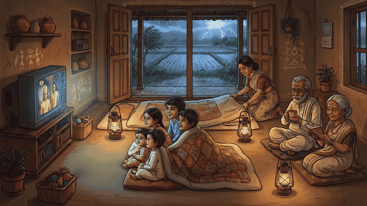 90s Village Storm Night 🌧️ Power Cut, Lantern & Homemade Food | Cozy Rain Story